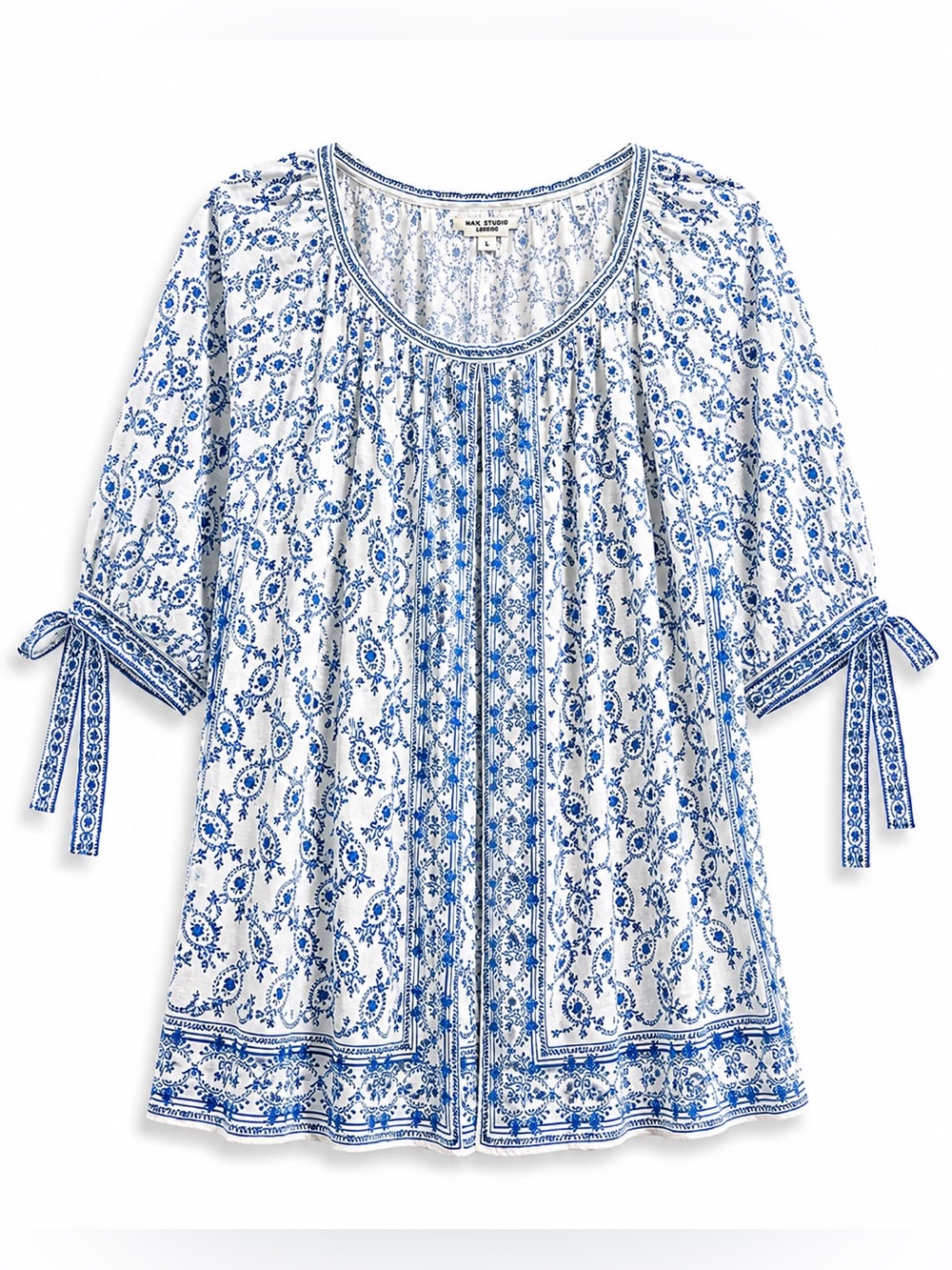 Max Studio London Blue White Boho Peasant Blouse Tie Sleeve Top Large NWOT